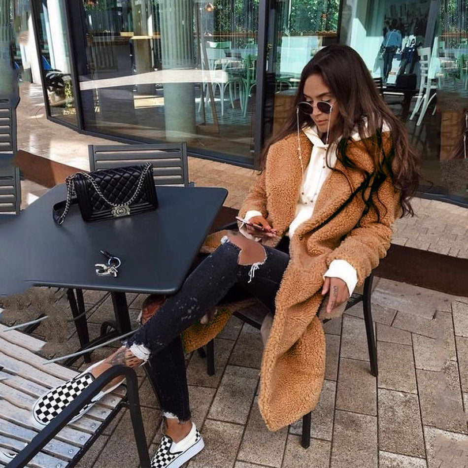 Oversized Teddy Coat with Notch Lapel, One-Button Longline Fleece
