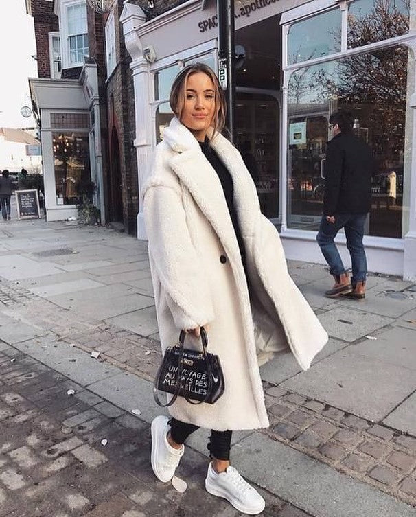 Oversized Teddy Coat with Notch Lapel, One-Button Longline Fleece