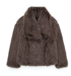 Brown shaggy jacket with a wide collar and long sleeves.