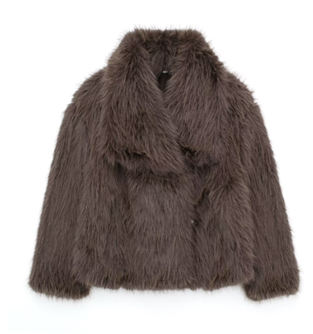 Brown shaggy jacket with a wide collar and long sleeves.
