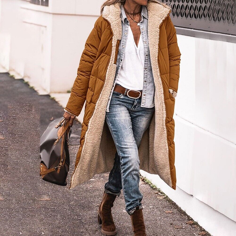 Brown long quilted jacket shown open with a pale textured inside.