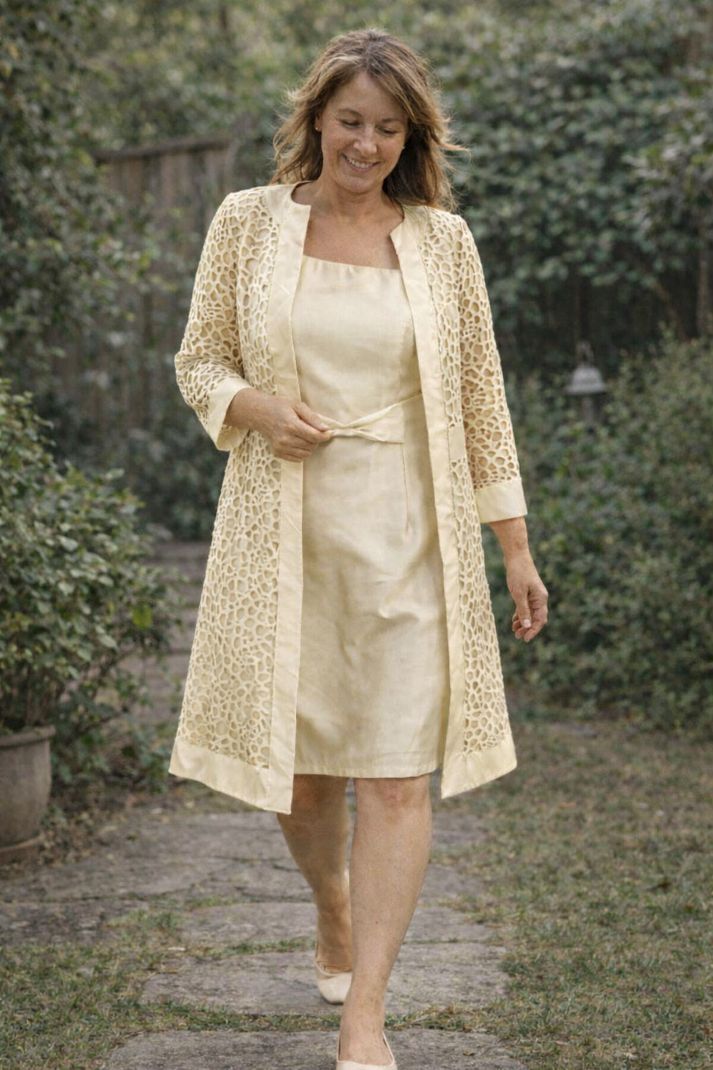 Champagne dress and matching three-quarter-sleeve jacket.