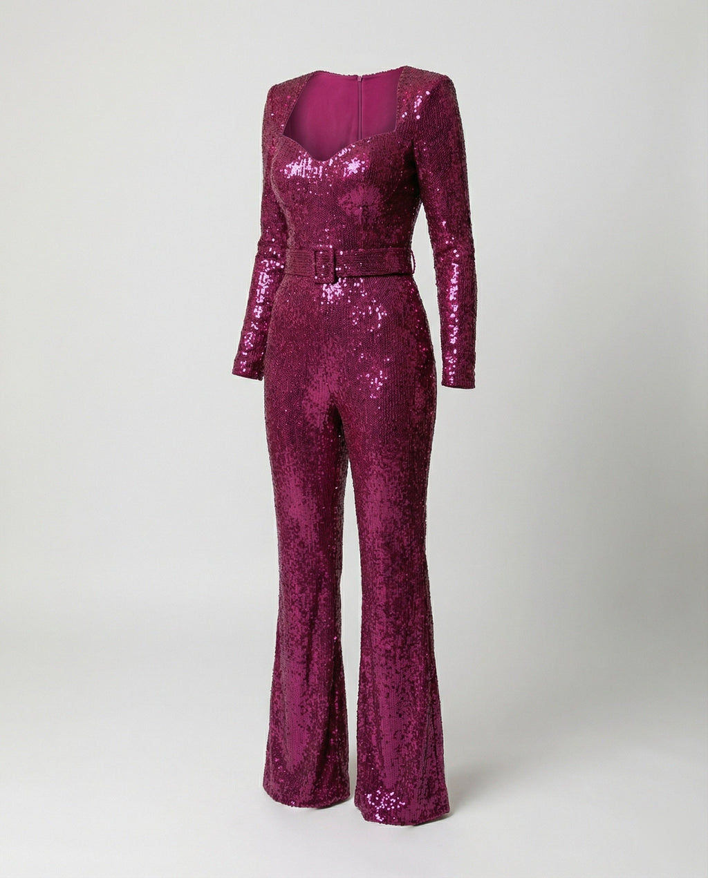 Pink sequin jumpsuit displayed with its matching waist detail.