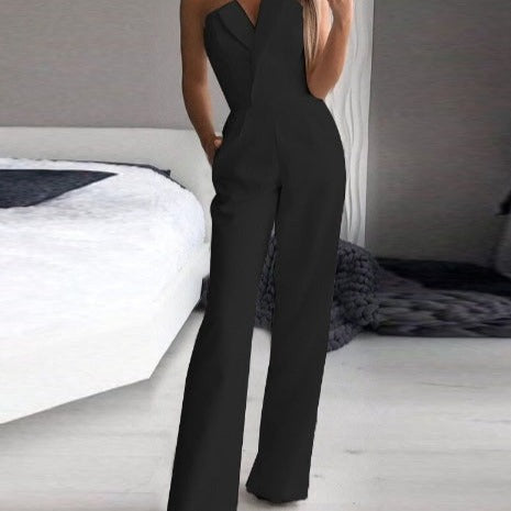 Black strapless jumpsuit with a folded lapel-style neckline and straight legs.