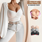 Promotional panel showing a white outfit and strapless bras in three colours.