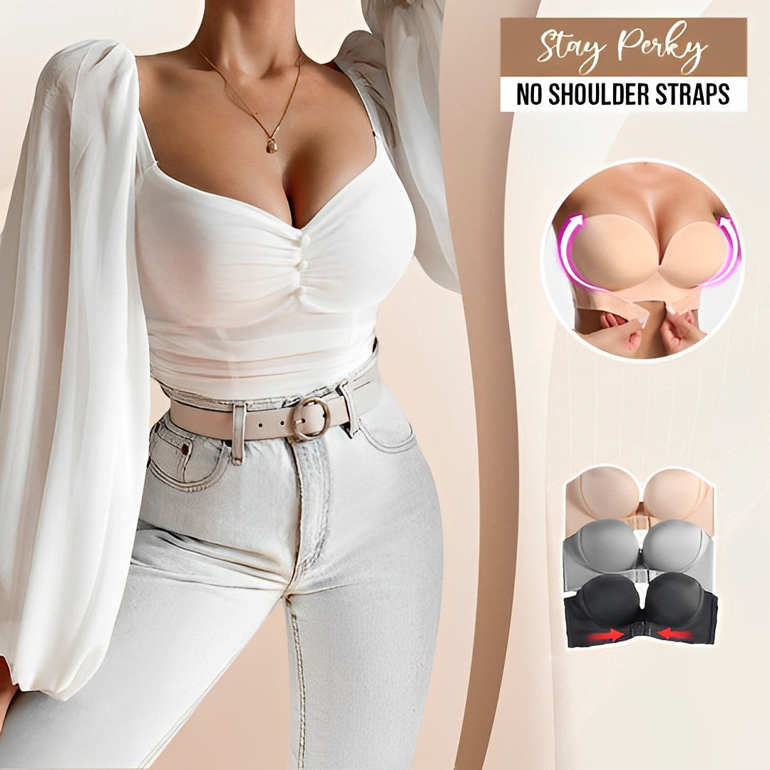 Promotional panel showing a white outfit and strapless bras in three colours.