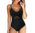 Black one-piece swimsuit with crossed front bands and a sheer waist panel.