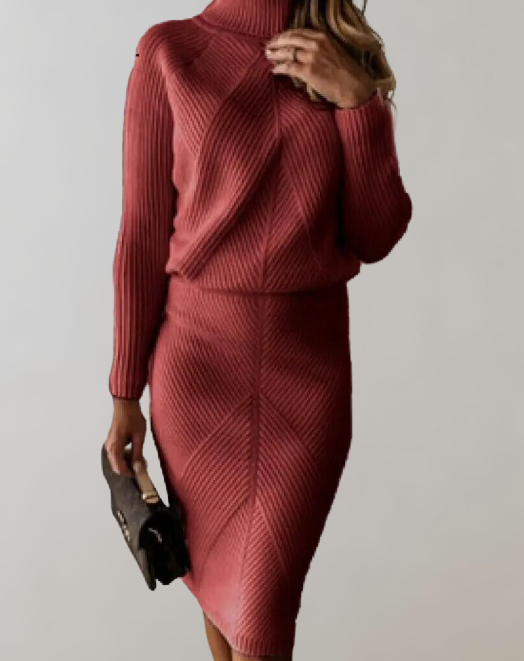 Dark rose-red ribbed turtleneck jumper and matching slim skirt.