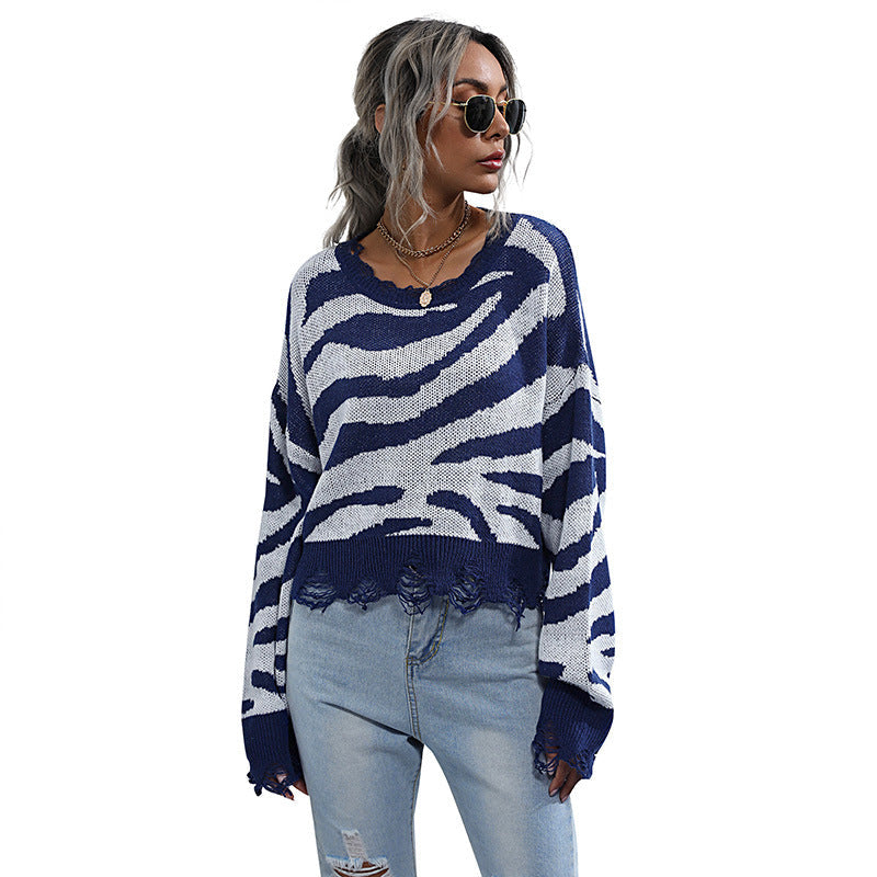 Zebra Stripe Cropped Sweater with Frayed Hem, Women's Jumper