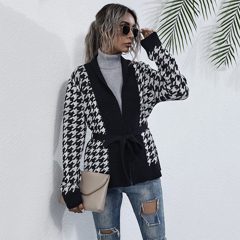 Houndstooth Knit Cardigan with Tie Belt, Open Front, Black and White