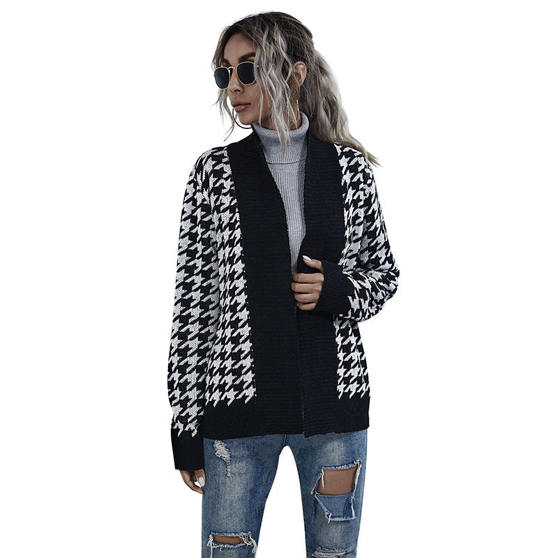 Houndstooth Knit Cardigan with Tie Belt, Open Front, Black and White