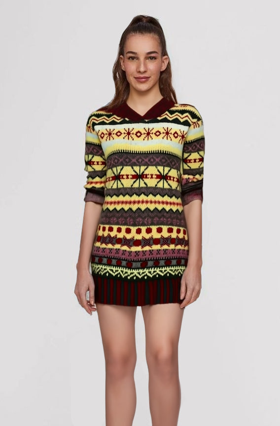 Front view of a long sweater with geometric bands and a dark contrasting hood.