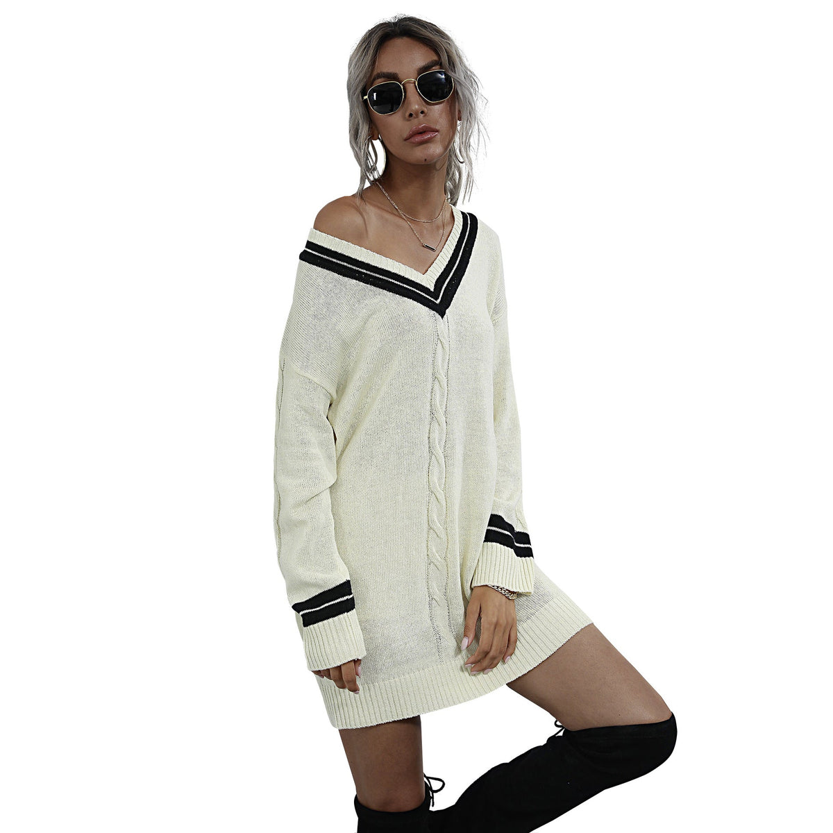 V-Neck Cable Knit Sweater Dress with Stripe Trim, Women's Jumper Dress