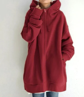Red zip-up hoodie with a drawstring hood.