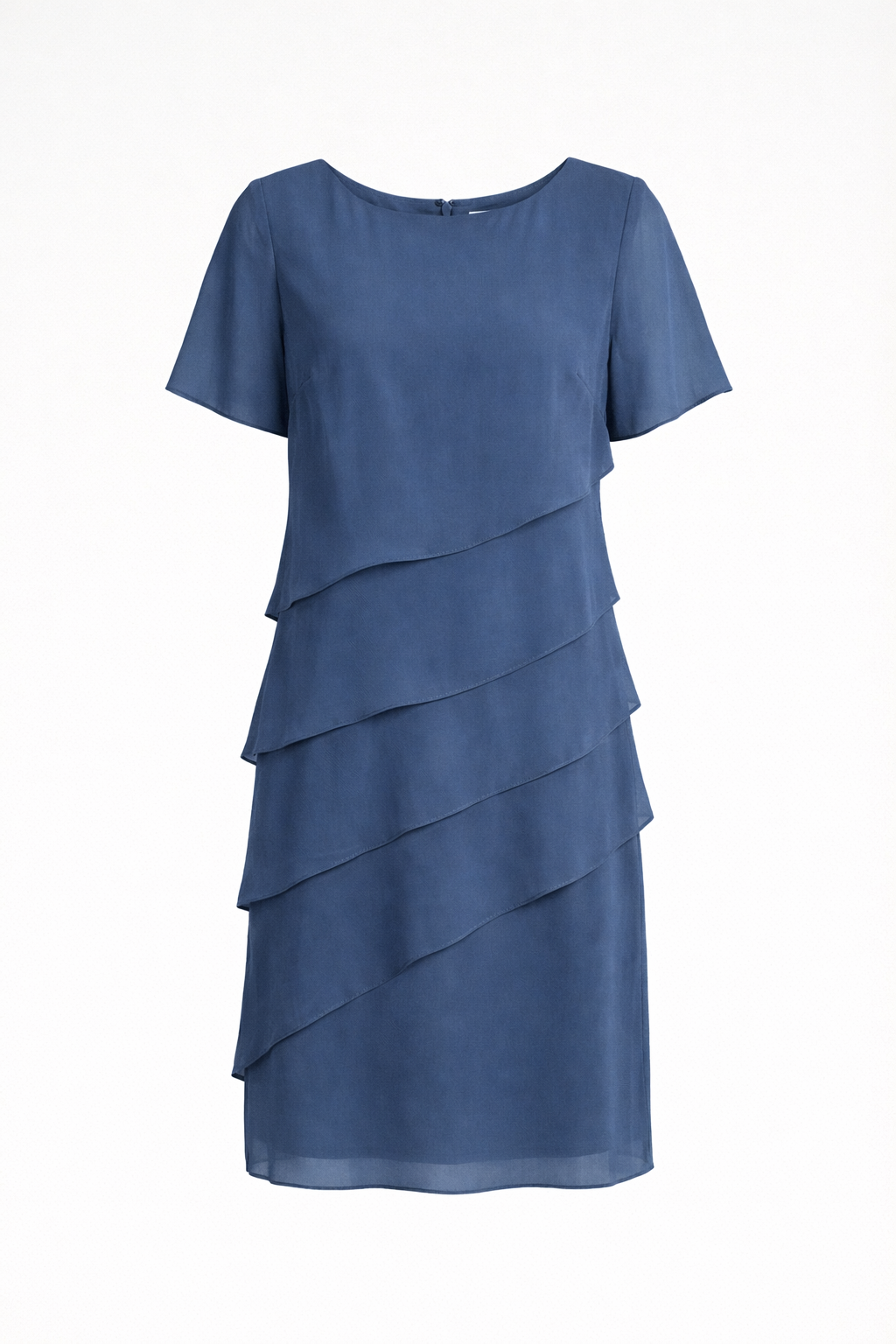 Blue short-sleeve dress with diagonal chiffon layers displayed on a pale background.