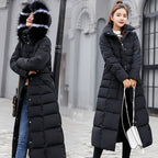 Black long coat with fluffy hood trim shown in two poses.