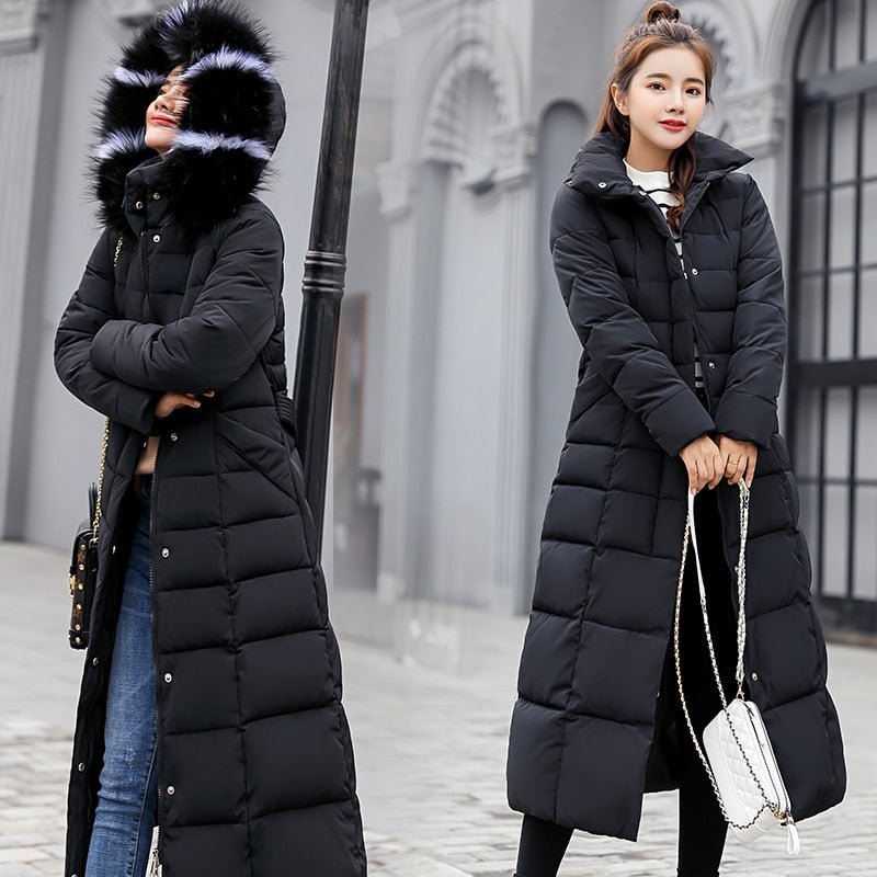Black long coat with fluffy hood trim shown in two poses.
