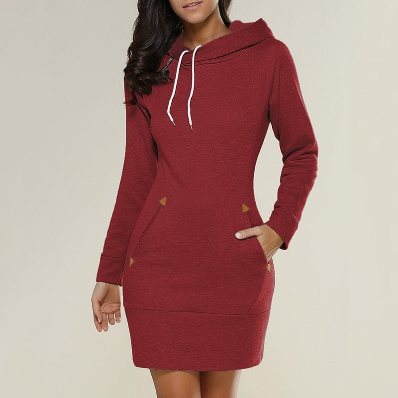 Red hoodie dress with fitted sleeve cuffs and a wide hem band.