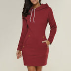 Red hoodie dress with fitted sleeve cuffs and a wide hem band.