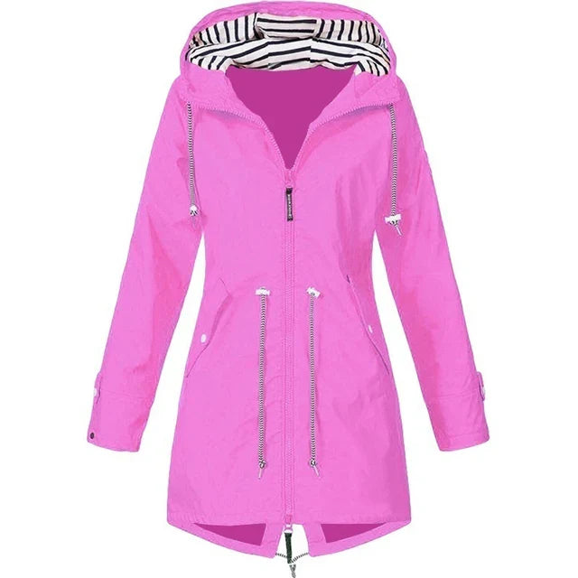 Pink coat showing the full front zip and lower pockets.