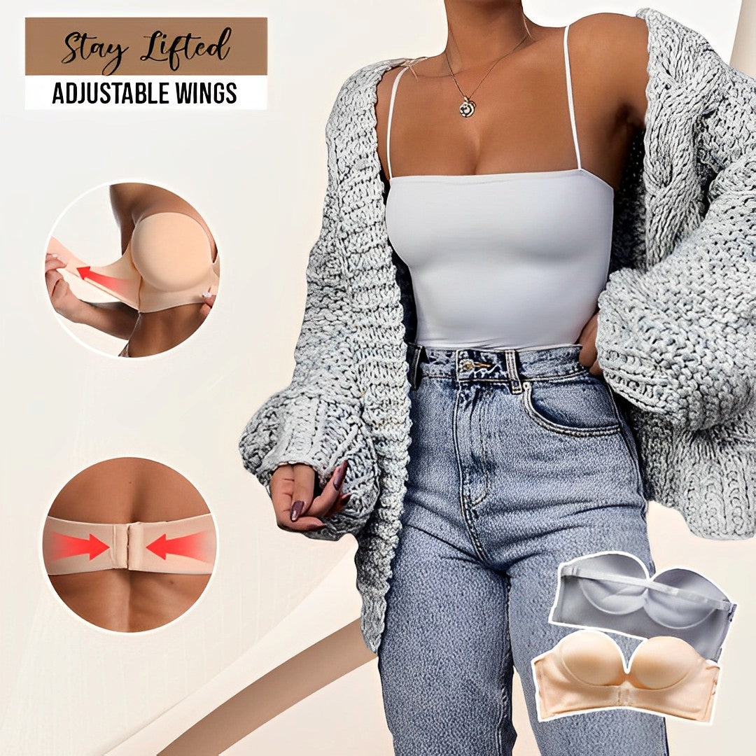 Promotional panel showing adjustable bra wings beneath a white top.