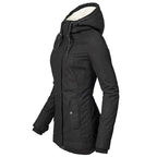 Black fitted hooded coat shown from the side.
