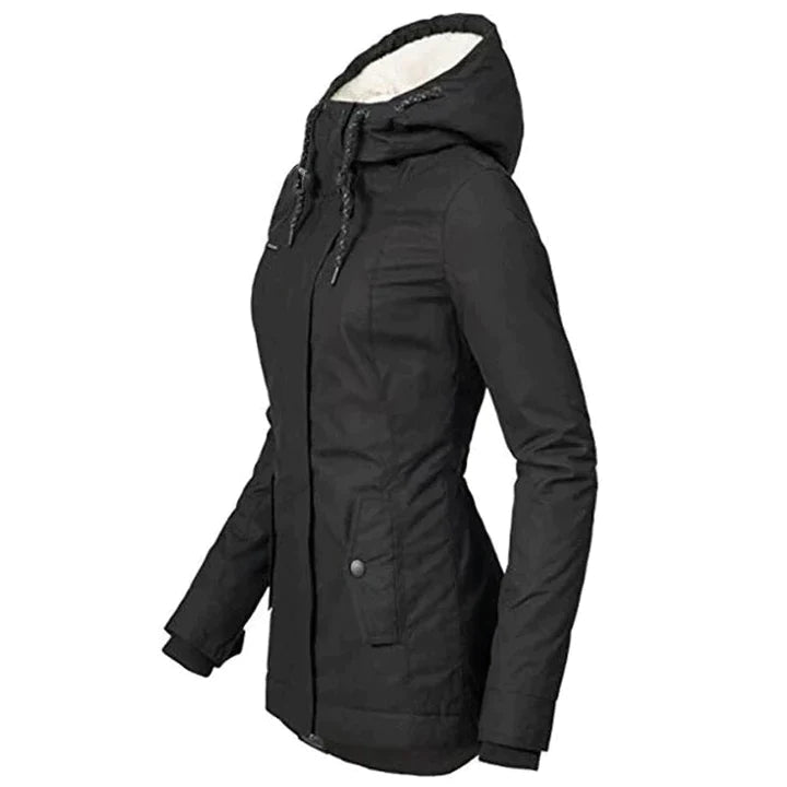 Black fitted hooded coat shown from the side.