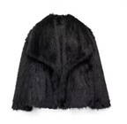 Black short faux-fur jacket with a wide collar.
