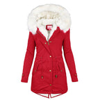 Red hooded jacket with a light-coloured lining and button front.
