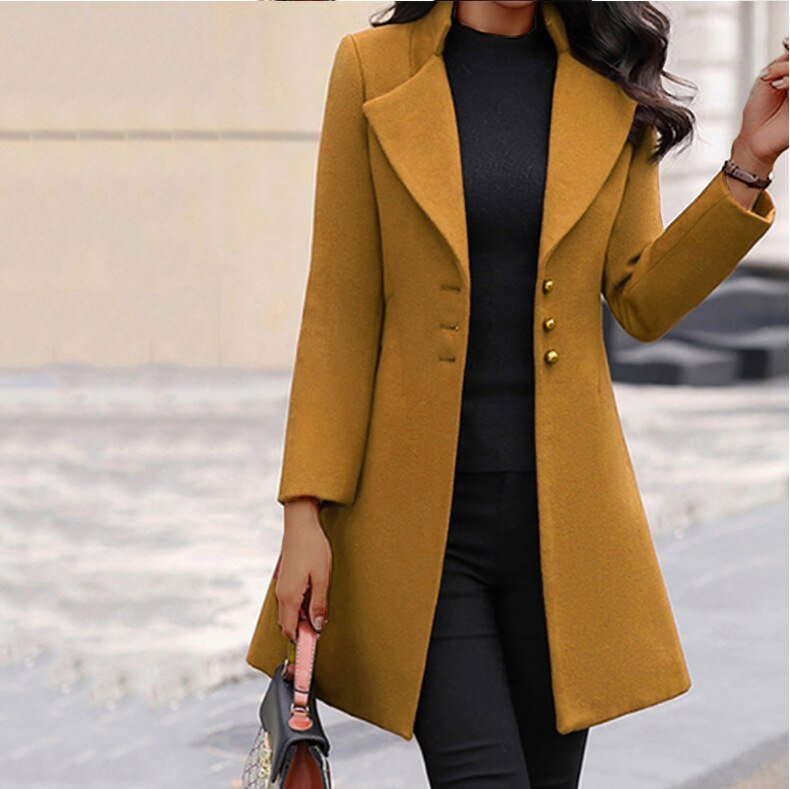 Yellow longline coat with long sleeves and shiny buttons.