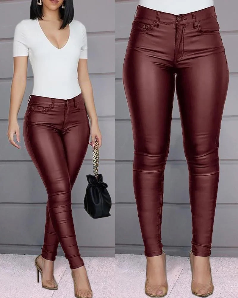 Two views of burgundy jeggings styled with a white top and heels.