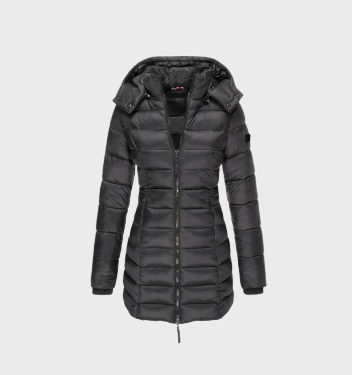 Black long quilted coat with a hood and zip front.