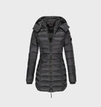 Black long quilted coat with a hood and zip front.