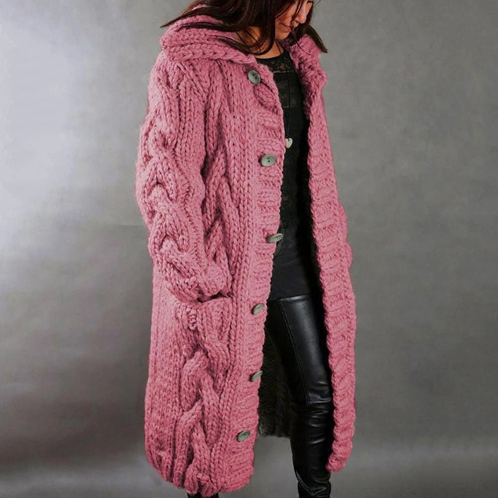 Pink Gallanto cable-knit coat with a hood and button fastening.
