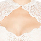 Close view of the scalloped keyhole neckline and small upper fastening.