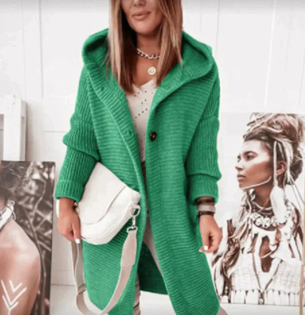 Green textured-knit cardigan with dropped shoulders and a hood.