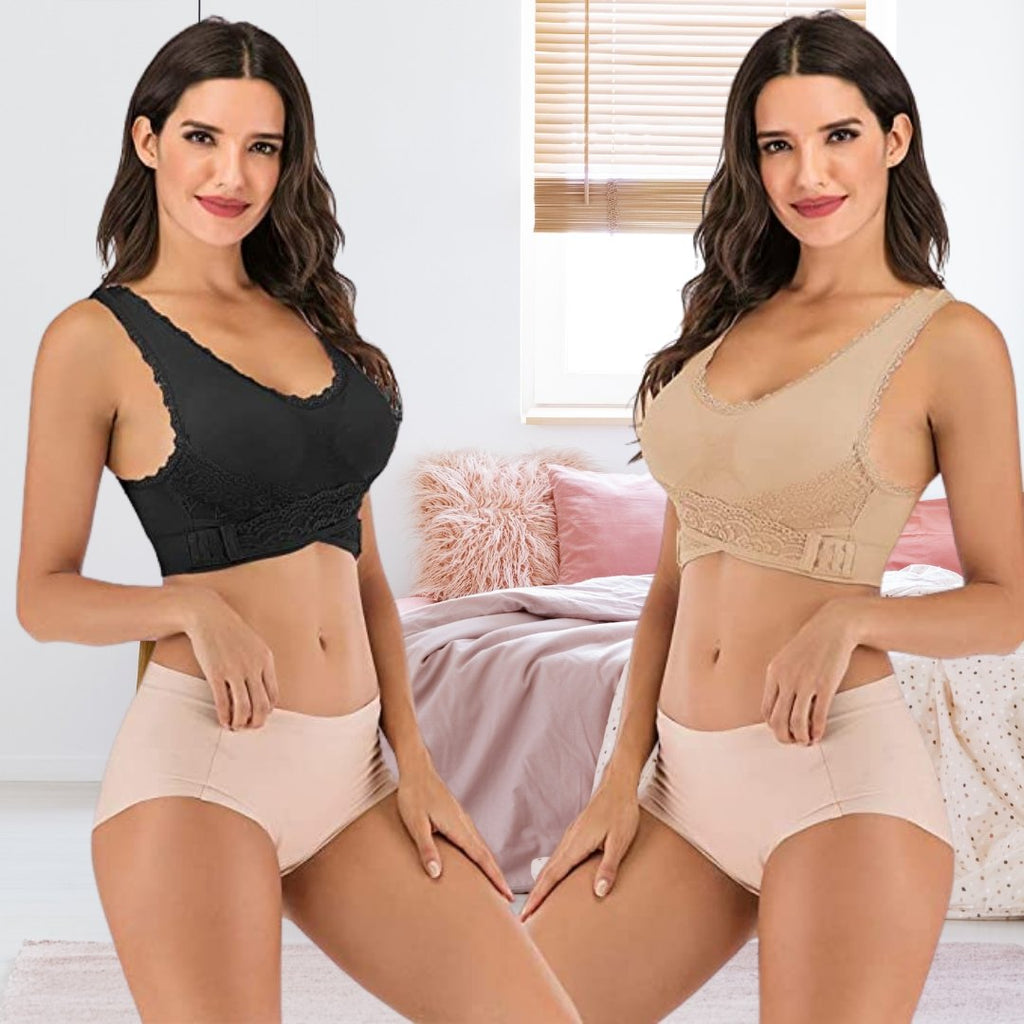 Black and khaki FitLace bras shown with their front bands fastened.