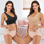 Black and khaki FitLace bras shown with their front bands fastened.