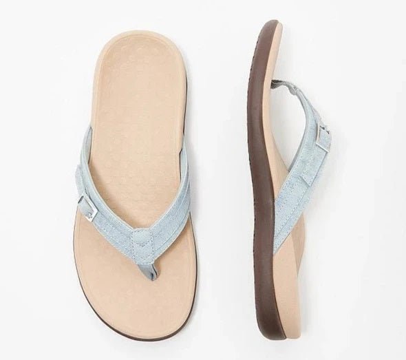 Light-blue flip-flops with pale footbeds and stitched straps.