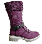 Purple boot with a knit cuff and a dark buckle strap.