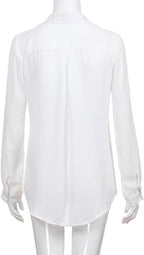 Rear view of white blouse on a mannequin.