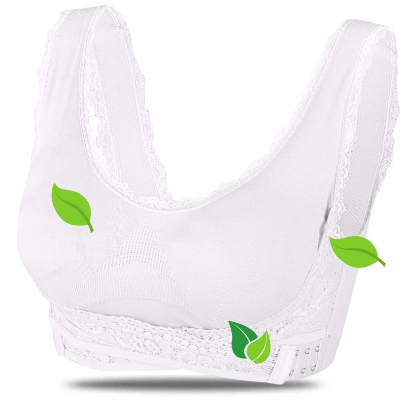 White bra with lace-trimmed straps and front bands.