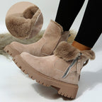 Apricot boots beside a circular close-up of the plush lining.