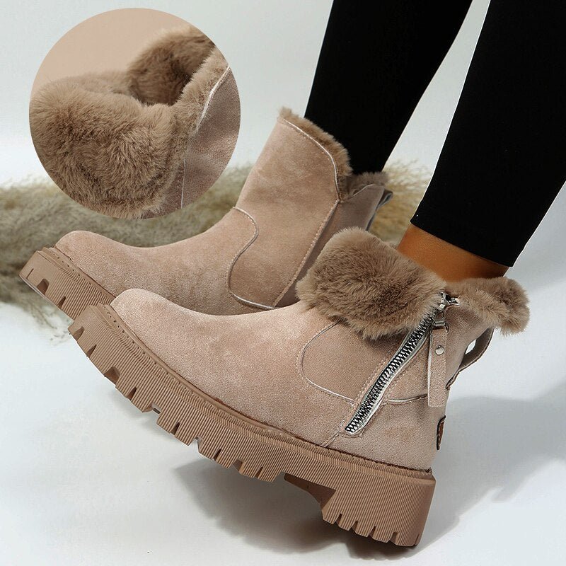 Apricot boots beside a circular close-up of the plush lining.