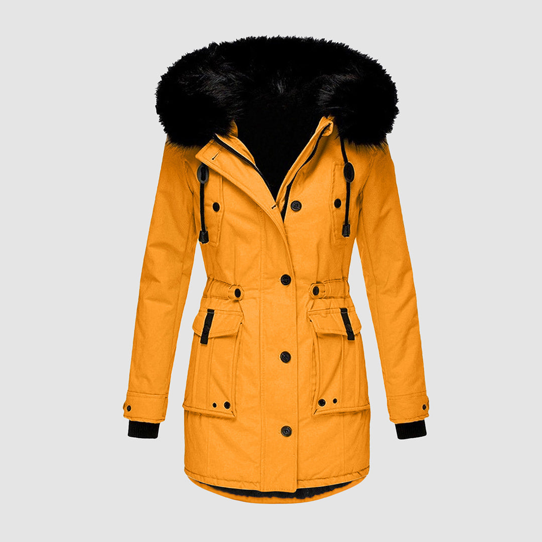 Gold jacket shown from the front with drawstring waist cords.