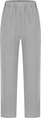 Rear view of grey trousers.