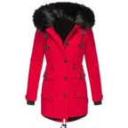 Red parka with a gathered waist, hood trim and front flap pockets.