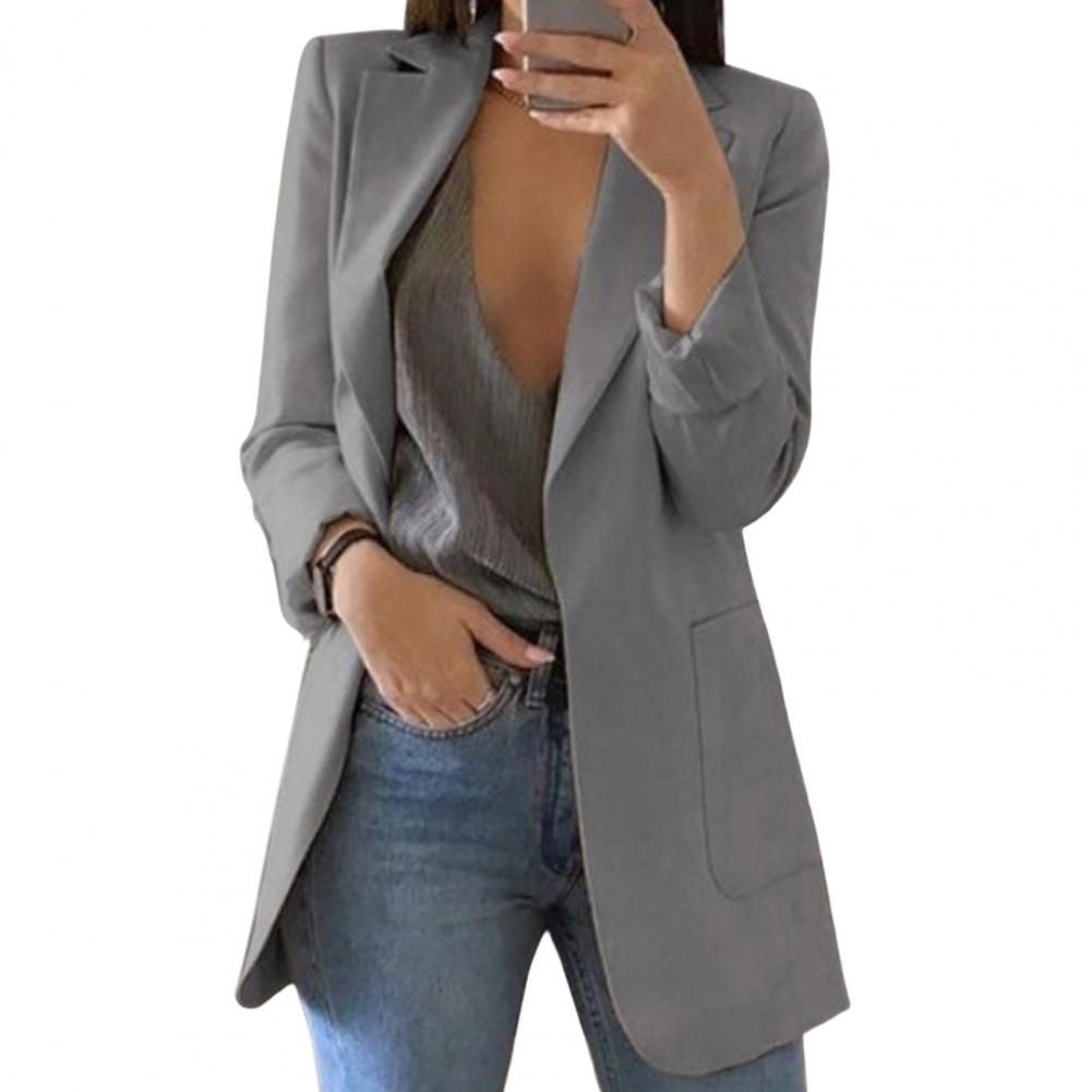 Grey long open-front blazer with notched lapels.