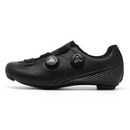 Side view of black perforated cycling shoe.