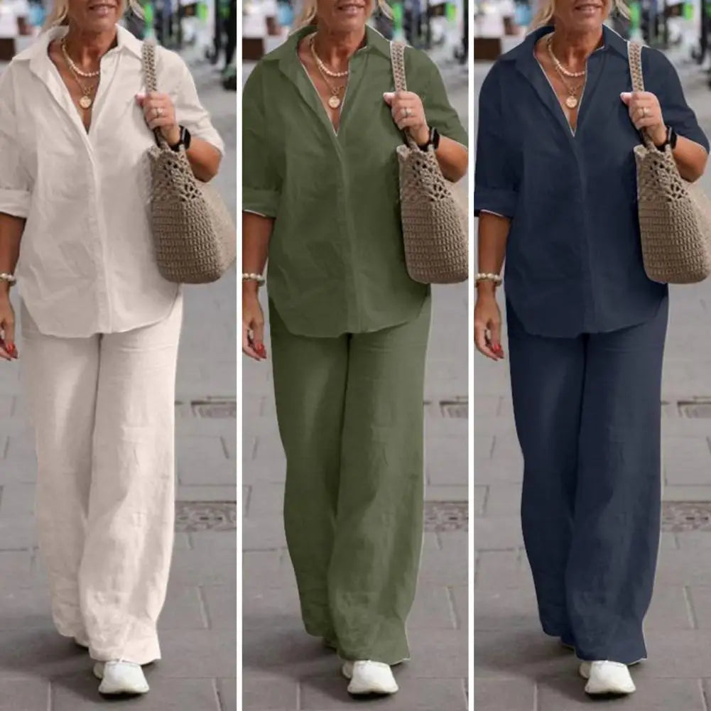Three views of pale cream, olive-green and navy collared shirts with matching loose trousers.